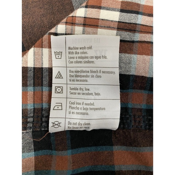 Eddie Bauer Workwear Foreman Fit 2XL Plaid Short Sleeve Shirt Brown Distressed - Picture 12 of 12